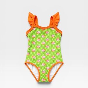Girls' Green Seashell Ruffle Strap One-Piece Swimsuit with Orange Trim